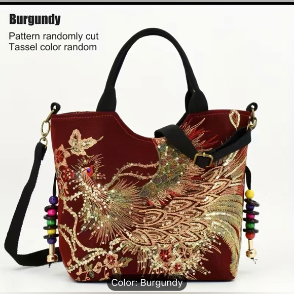 Red Embroidered Satchel, Double Handle Purse, Retro Style With Removable Strap - Picture 10 of 13